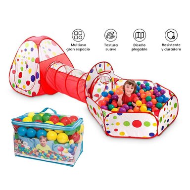 PISCINA DE PELOTAS TÚNEL NIÑOS PORTÁTIL 3 EN 1+100 PELOTAS - 1