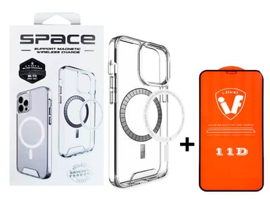 CASE SPACE MAGSAFE PARA IPHONE 15 PRO MAX TRANSPARENTE + MICA DE VIDRIO 11D COMPLETO - 1
