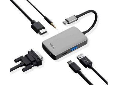 ADAPTADOR WIWU A513HVP USB-C HUB CON 4K HDMI PUERTOS USB 3.0 CARGA PD AUDIO DE 35 MM Y VGA - GRIS - 2