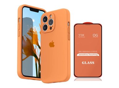 CASE IPHONE 15 PRO MAX SILICONA CON P/CÁMARA NARANJA + MICA DE VIDRIO COMPLETO - 1