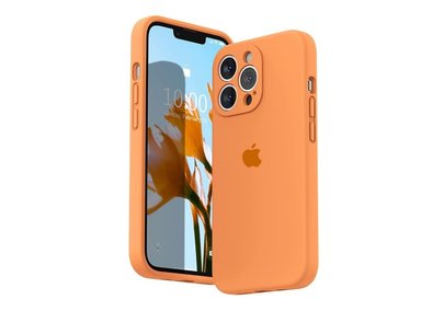 CASE IPHONE 15 PRO MAX SILICONA CON P/CÁMARA NARANJA + MICA DE VIDRIO COMPLETO - 2