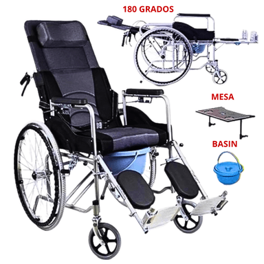 SILLA DE RUEDAS NEUROLOGICA RECLINABLE 180 GRADOS CON MESA Y BASIN - 1
