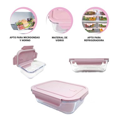 DEPOSITO COMPACTO DE VIDRIO 410 ML CON TAPA SEGURA ROSADO COCINA Y+LIGAS REGALO - 3
