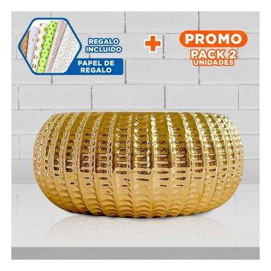 PACK2 JARDINERA CUENCO CERAMICA DORADO ACANALADO PARA TERRAZA Y PATIO Y+PAPEL REGALO - 1
