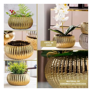 PACK2 JARDINERA CUENCO CERAMICA DORADO ACANALADO PARA TERRAZA Y PATIO Y+PAPEL REGALO - 3