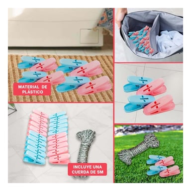 GANCHOS DE ROPA CURVOS DE PLASTICO EN DOS COLORES CON CUERDA PARA CASA - 5