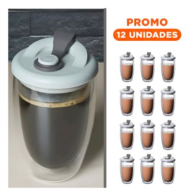 PACK12 TAZA MODERNA DE VIDRIO DOBLE CON TAPA AJUSTABLE 450 ML TRANSPARENTE Y+REGALO STICKER - 1