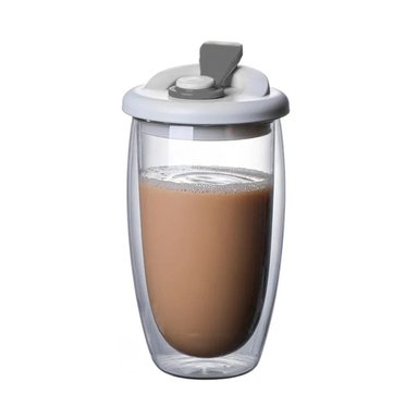 PACK12 TAZA MODERNA DE VIDRIO DOBLE CON TAPA AJUSTABLE 450 ML TRANSPARENTE Y+REGALO STICKER - 2