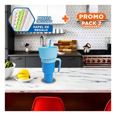 PACK2 VASO 2 EN 1 DE ABS CELESTE PARA COMPARTIR SNACKS EN CASA Y OFICINA Y+PAPEL REGALO - 1