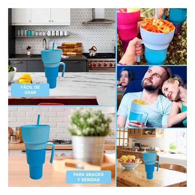 PACK2 VASO 2 EN 1 DE ABS CELESTE PARA COMPARTIR SNACKS EN CASA Y OFICINA Y+PAPEL REGALO - 3