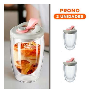 PACK2 BEBEDERO MODERNO DE VIDRIO 450 ML TRANSPARENTE TAPA PLOMO ROSADO - 1