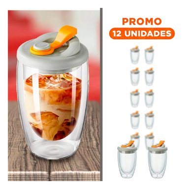 PACK12 RECIPIENTE DE VIDRIO DOBLE MODERNO CON TAPA 450 ML Y+REGALO STICKER - 1