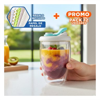PACK12 MUG ELEGANTE DE VIDRIO DOBLE 450 ML PLOMO Y CELESTE Y+PAPEL REGALO - 1