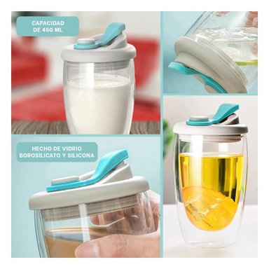 PACK12 MUG ELEGANTE DE VIDRIO DOBLE 450 ML PLOMO Y CELESTE Y+PAPEL REGALO - 2