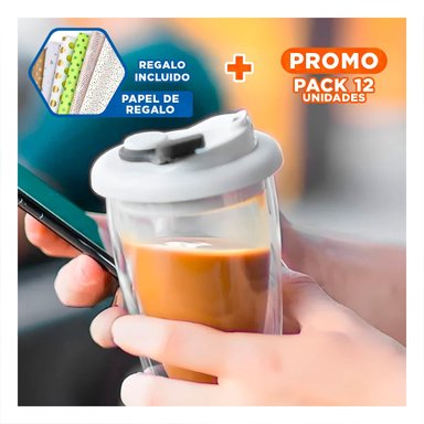 PACK12 TAZA PORTATIL DE VIDRIO DOBLE CON TAPA HERMETICA 450 ML TRANSPARENTE Y+PAPEL REGALO - 1