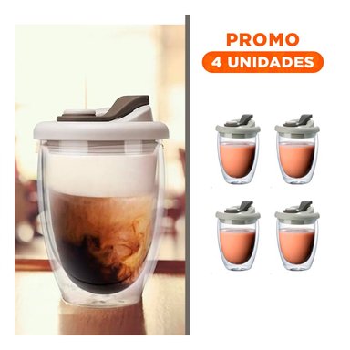 PACK4 TAZA TRANSPARENTE DE VIDRIO DOBLE CON TAPA DE SILICONA 350 ML Y+REGALO STICKER - 1