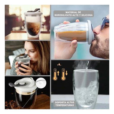 PACK4 TAZA TRANSPARENTE DE VIDRIO DOBLE CON TAPA DE SILICONA 350 ML Y+REGALO STICKER - 2