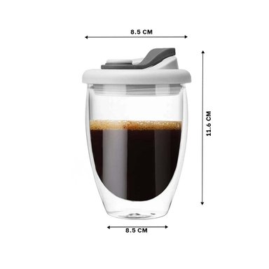 PACK4 TAZA TRANSPARENTE DE VIDRIO DOBLE CON TAPA DE SILICONA 350 ML Y+REGALO STICKER - 4