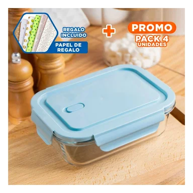 PACK4 TAPER CON 2 DIVISIONES EN VIDRIO Y TAPA COLOR CELESTE PARA CONSERVACION Y+PAPEL REGALO - 1