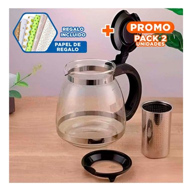 PACK2 CAFETERA DE TE DE VIDRIO CON FILTRO 1.5 LT PARA MANTENER BEBIDAS CALIENTES Y+PAPEL REGALO - 1