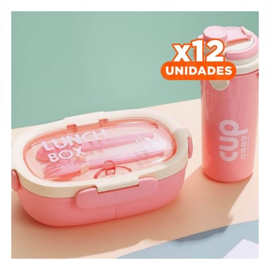 PACK12 KIT ALMUERZO 850ML CON CUBIERTOS Y TOMATODO 480ML ROSADO PARA CASA - 1