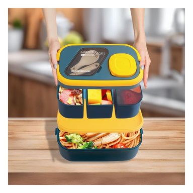 PACK4 POTE ORGANIZADO 2 PISOS CON CUBIERTOS AZUL Y AMARILLO PARA COMIDAS - 3