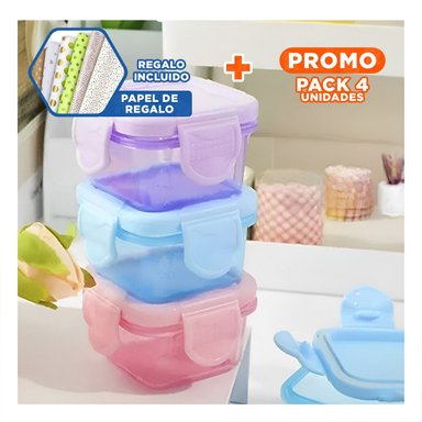 PACK4 POTES MINI CON SEGURO 4 PIEZAS MULTICOLOR 6,2X4CM PARA GUARDAR COMIDA Y+PAPEL REGALO - 1