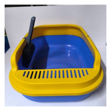 DEPOSITO DE ARENA ABIERTO CON PALA CERNIDORA 51X36,5CM AZUL Y AMARILLO - 1