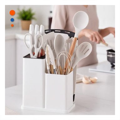 JUEGO COMPLETO DE 18 PIEZAS DE UTENSILIOS DE COCINA BLANCO EN SILICONA Y MADERA - 1