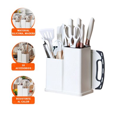 JUEGO COMPLETO DE 18 PIEZAS DE UTENSILIOS DE COCINA BLANCO EN SILICONA Y MADERA - 3