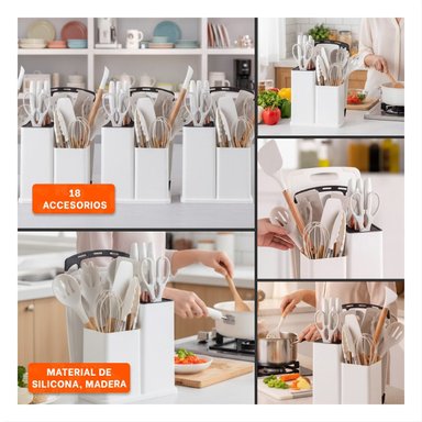 JUEGO COMPLETO DE 18 PIEZAS DE UTENSILIOS DE COCINA BLANCO EN SILICONA Y MADERA - 5