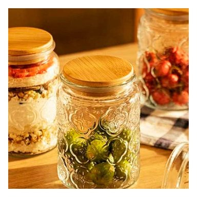PACK6 TARRO DE VIDRIO CON TAPA Y FLORES PARA ORGANIZAR LA DESPENSA Y+PAPEL REGALO - 1