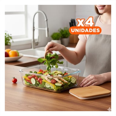 PACK4 CAJA DE VIDRIO 1040ML RECTANGULAR TRANSPARENTE CON TAPA BAMBU COCINA - 1