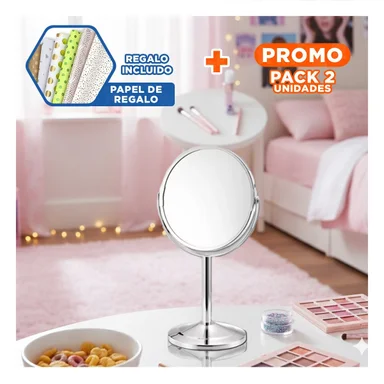 PACK2 LUNA COMPACTA CIRCULAR DOBLE DE MESA 14,5CM PLATEADO Y+PAPEL REGALO - 1