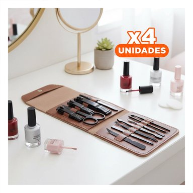 PACK4 KIT COMPACTO 12 PIEZAS MANICURE Y PEDICURE MARRON ELEGANTE Y PRACTICO PARA PINZAS - 1