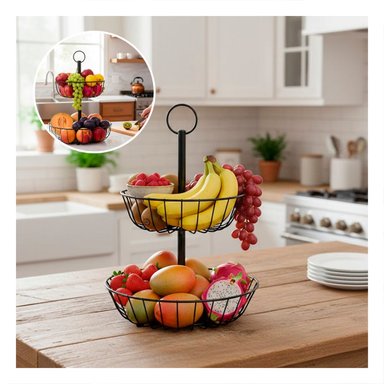 PACK6 PORTA FRUTAS METALICO 2 NIVELES CIRCULAR NEGRO ELEGANTE Y+PAPEL REGALO - 2