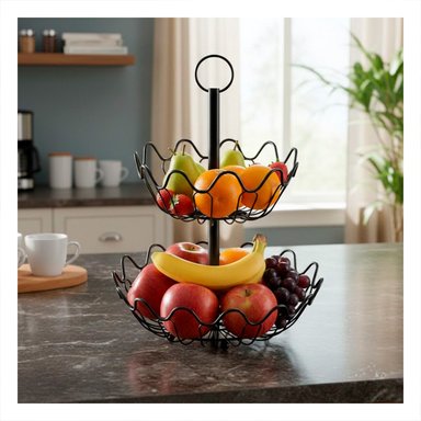 PACK4 FRUTERO DE COCINA 2 PISOS CIRCULAR CON ONDAS COLOR NEGRO Y+PAPEL REGALO - 2