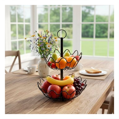 PACK4 FRUTERO DE COCINA 2 PISOS CIRCULAR CON ONDAS COLOR NEGRO Y+PAPEL REGALO - 5