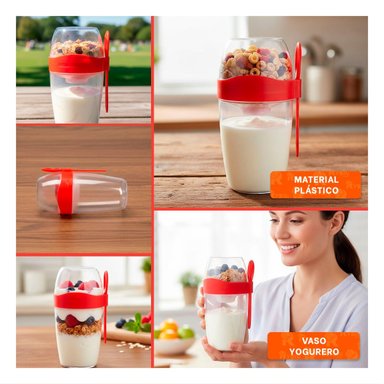 PACK12 RECIPIENTE YOGURTERO 2 EN 1 CON CUBIERTO GRANDE ROJO PARA USO EN CASA Y+PAPEL REGALO - 2