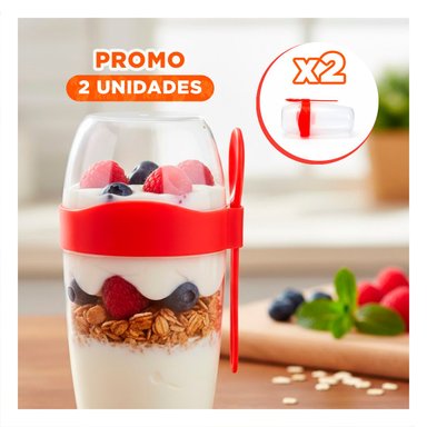 PACK2 VASO YOGURTERO 2 EN 1 CON CUBIERTO GRANDE ROJO PARA USO CONTINUO Y+REGALO STICKER - 1