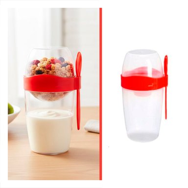 PACK2 VASO YOGURTERO 2 EN 1 CON CUBIERTO GRANDE ROJO PARA USO CONTINUO Y+REGALO STICKER - 4
