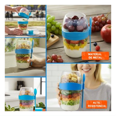VASO YOGUR AZUL PORTATIL CON CUBIERTO PERFECTO PARA TRANSPORTE SEGURO Y+POST IT - 1