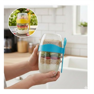 VASO YOGUR AZUL PORTATIL CON CUBIERTO PERFECTO PARA TRANSPORTE SEGURO Y+POST IT - 2