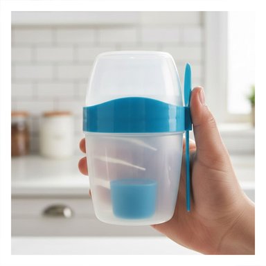 VASO YOGUR AZUL PORTATIL CON CUBIERTO PERFECTO PARA TRANSPORTE SEGURO Y+POST IT - 3