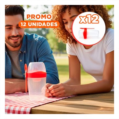 PACK12 ENVASE YOGURERO CON CUBIERTO GRANDE ROJO 2 EN 1 PARA CADA DIA - 1