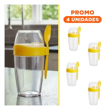 PACK4 VASO YOGURERO CON CUBIERTO GRANDE AMARILLO 2 EN 1 PARA USO PRACTICO Y+REGALO STICKER - 1
