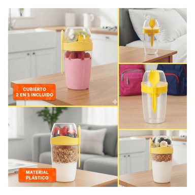 PACK4 VASO YOGURERO CON CUBIERTO GRANDE AMARILLO 2 EN 1 PARA USO PRACTICO Y+REGALO STICKER - 2