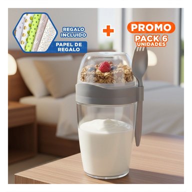 PACK6 VASO YOGURERO CON CUBIERTO GRANDE PLOMO 2 EN 1 PARA LLEVAR SIEMPRE Y+PAPEL REGALO - 1