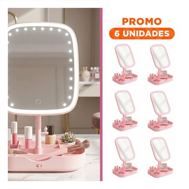 PACK6 ORGANIZADOR DE BELLEZA LED CUADRADO ROSADO CON COMPARTIMENTOS - 1