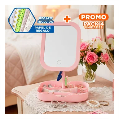 PACK4 ESTACION DE BELLEZA CON ESPEJO LED CUADRADO ROSADO Y ORGANIZADOR Y+PAPEL REGALO - 1
